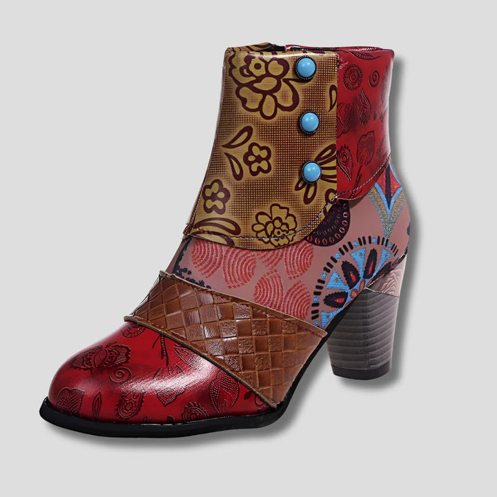 Leren Schoenen met Bloemreliëf, Dikke Hak en Vintage Charme