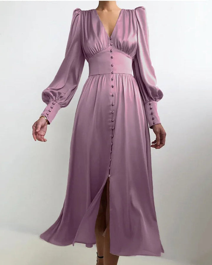 Elegante Satijnen Maxi Jurk met V-Hals – Tijdloze Elegantie met een Moderne Touch