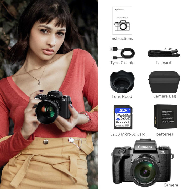 4k Digital Camera for Photography & Video, 64MP WiFi Touch Screen Vlogging Camera for YouTube with Flash, 32GB SD Card, Lens Hood, 3000mAH Battery, Front and Rear Cameras Kentfaith