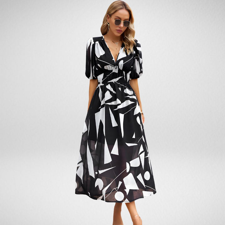 Abstracte Print Midi Jurk met Pofmouwen