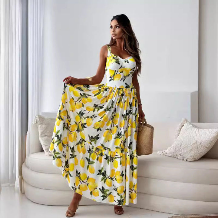Citroenprint Maxi Zomerjurk met Split