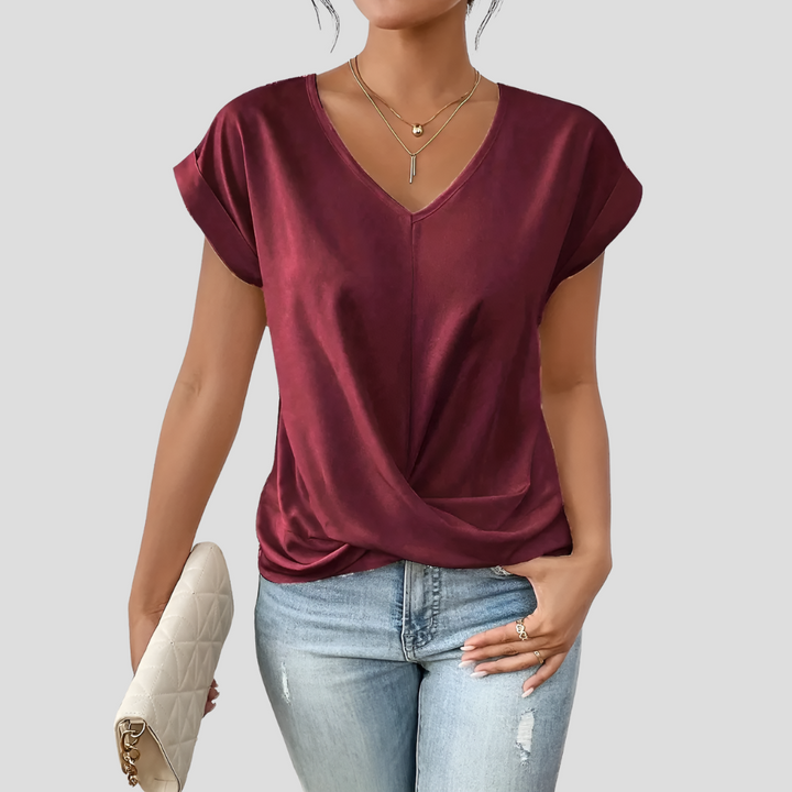Damesblouse met V-hals en gedrapeerde zoom