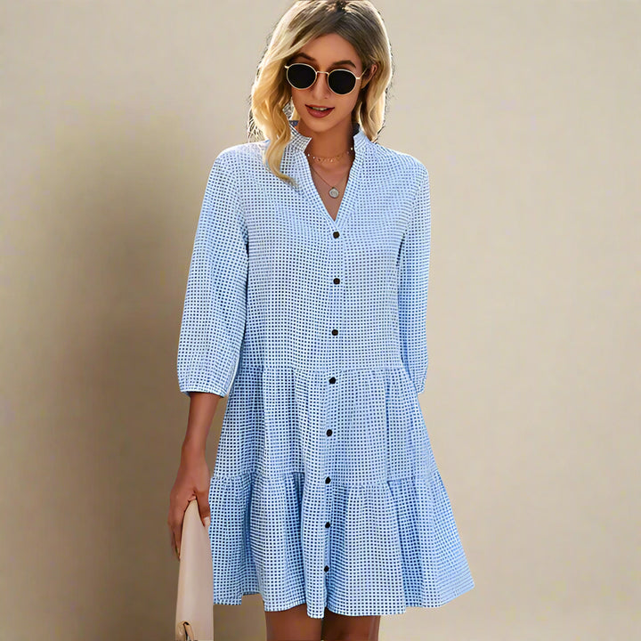 Geruite doorknoopjurk met lagen