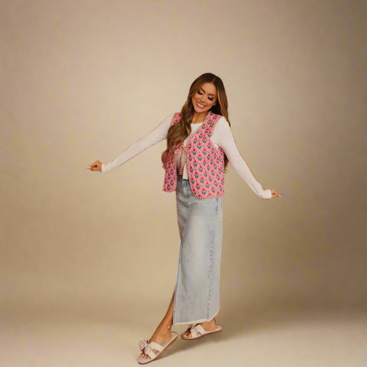 Gilet met Bloemen Print en Gestreepte Voering