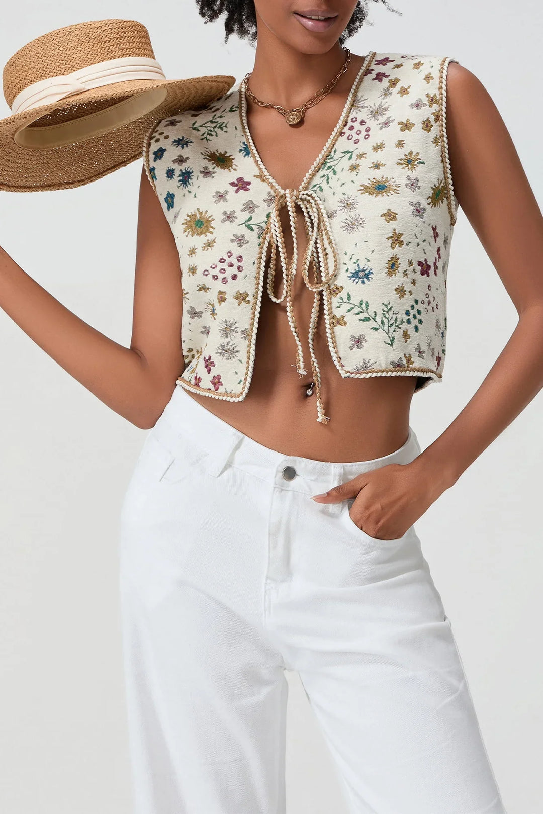 Kort Gilet met Bloemenprint en Striksluiting