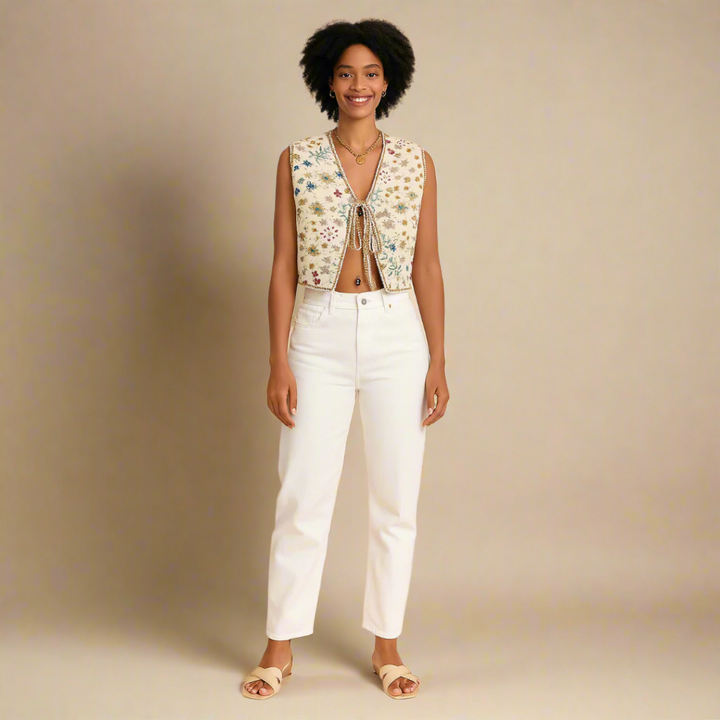 Kort Gilet met Bloemenprint en Striksluiting