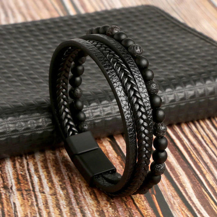 Lagenarmband van leer en stenen kralen voor heren