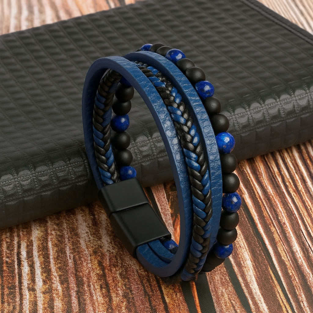 Lagenarmband van leer en stenen kralen voor heren