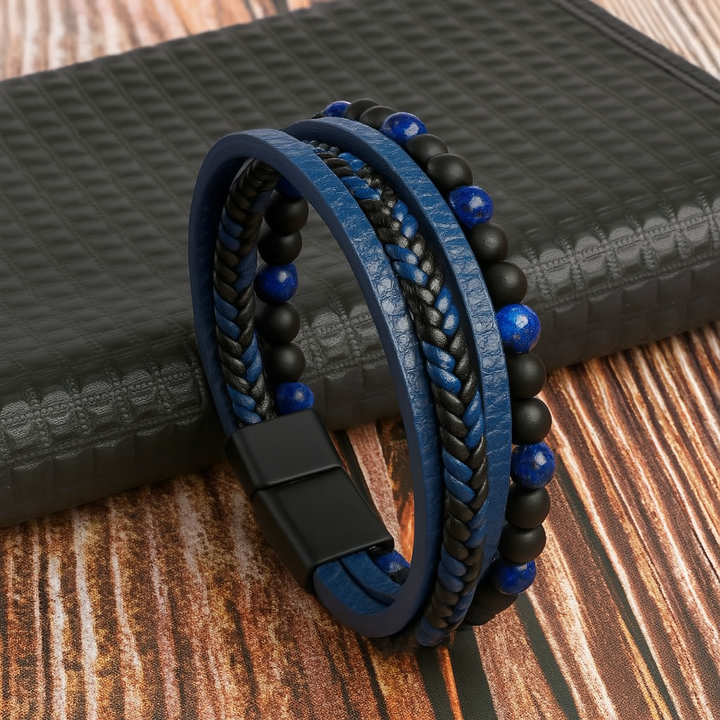 Lagenarmband van leer en stenen kralen voor heren