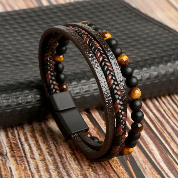 Lagenarmband van leer en stenen kralen voor heren