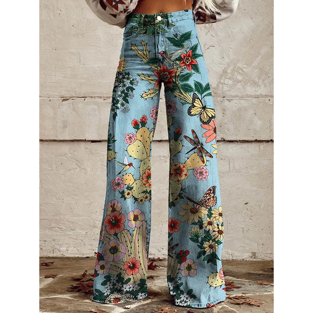 Lange denim broek voor dames – Ritan bloemen- en effen prints