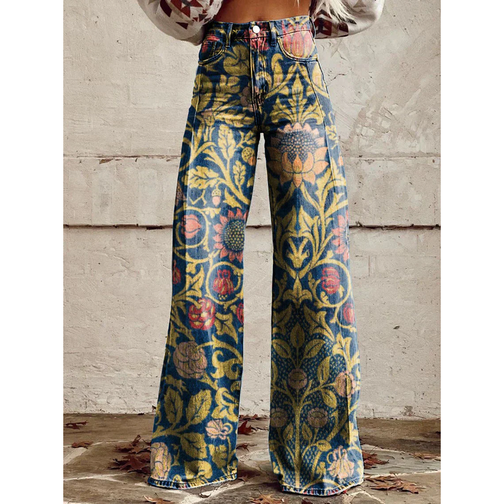 Lange denim broek voor dames – Ritan bloemen- en effen prints
