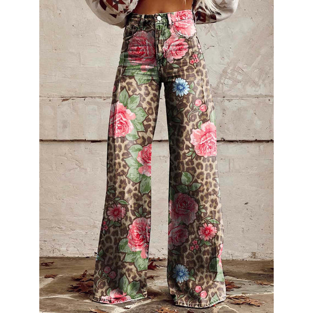 Lange denim broek voor dames – Ritan bloemen- en effen prints