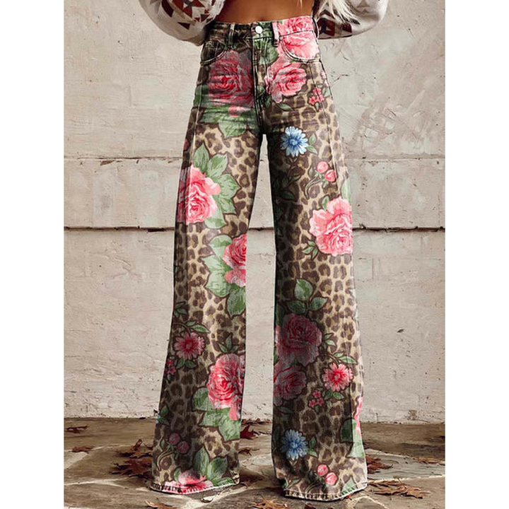 Lange denim broek voor dames – Ritan bloemen- en effen prints