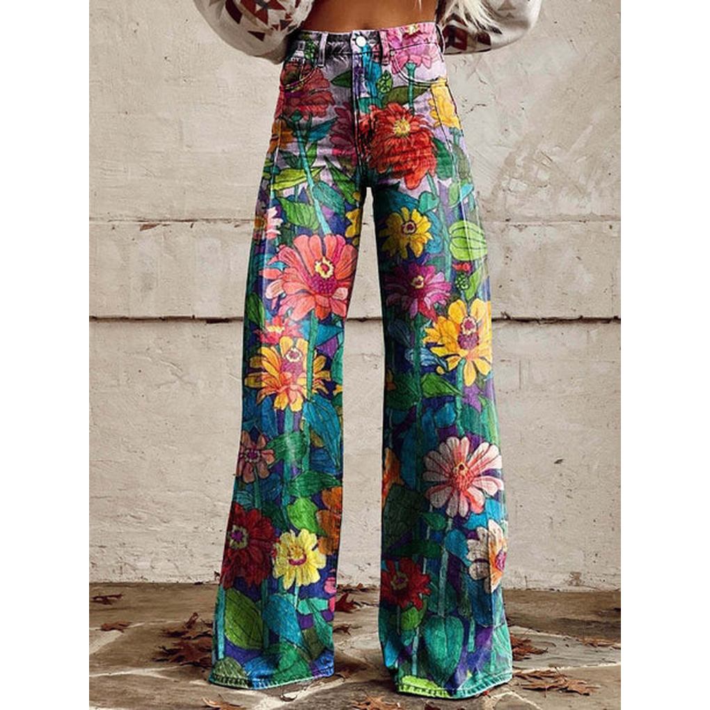 Lange denim broek voor dames – Ritan bloemen- en effen prints