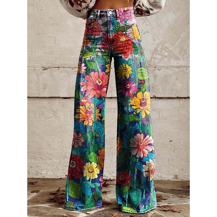 Lange denim broek voor dames – Ritan bloemen- en effen prints