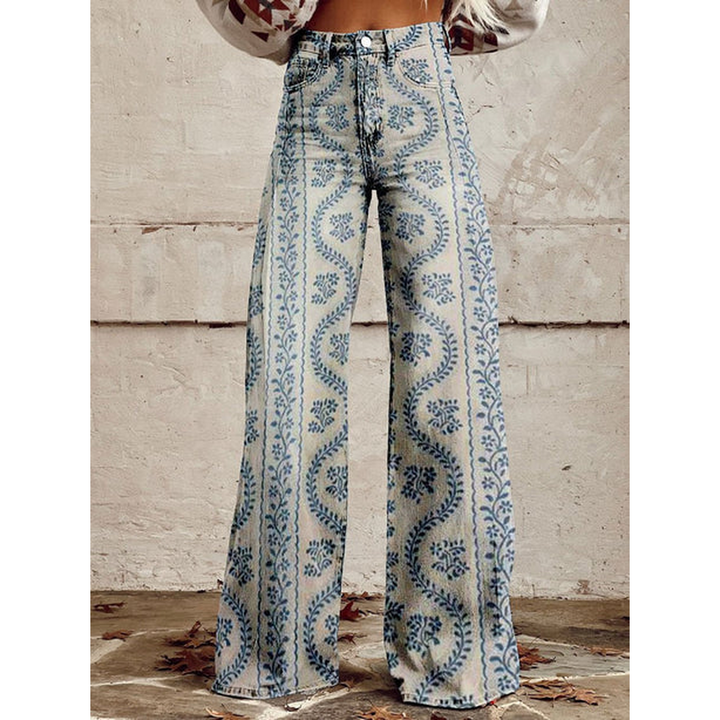 Lange denim broek voor dames – Ritan bloemen- en effen prints