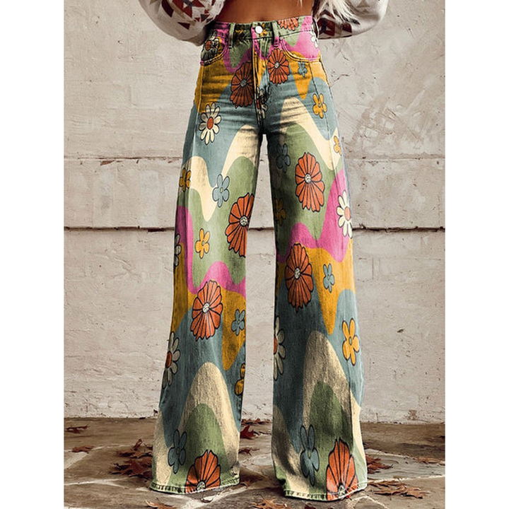 Lange denim broek voor dames – Ritan bloemen- en effen prints