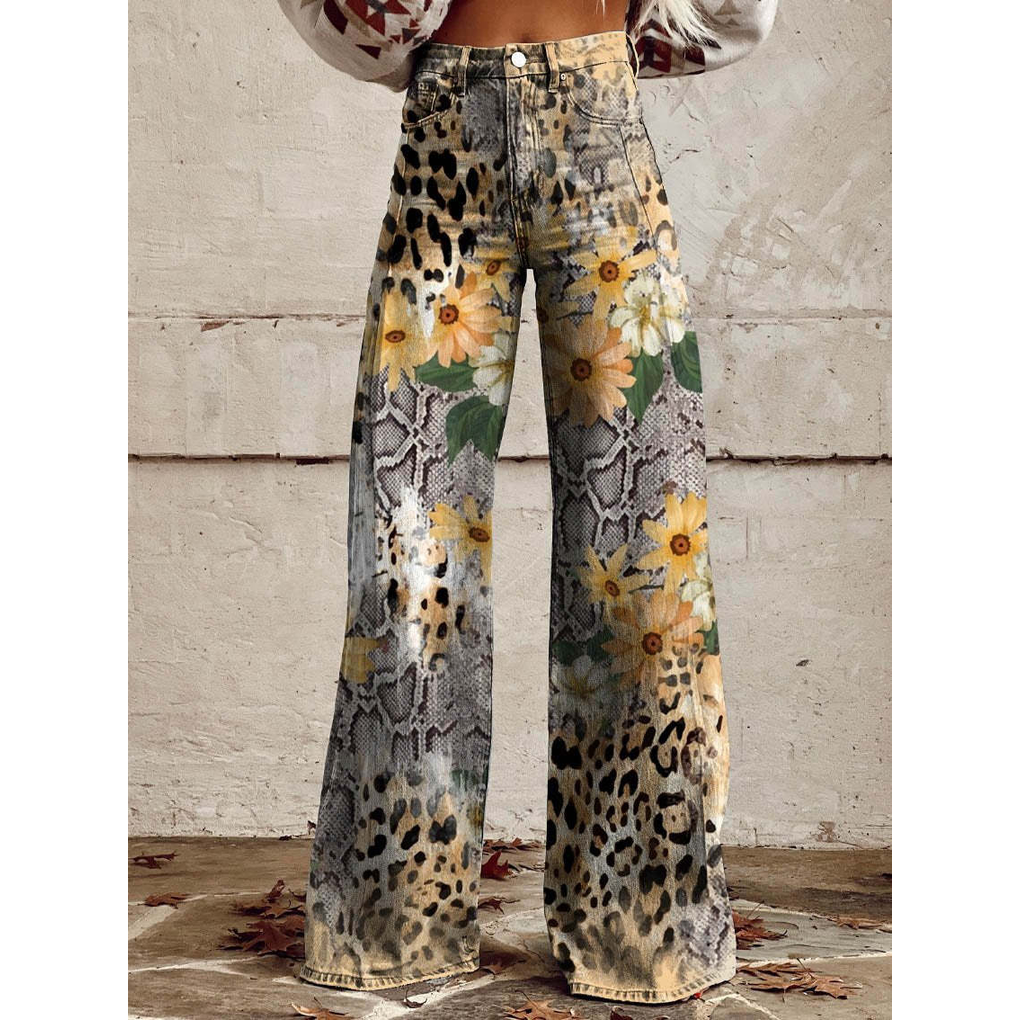 Lange denim broek voor dames – Ritan bloemen- en effen prints