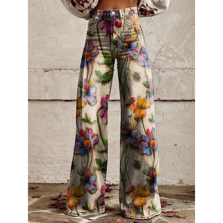 Lange denim broek voor dames – Ritan bloemen- en effen prints