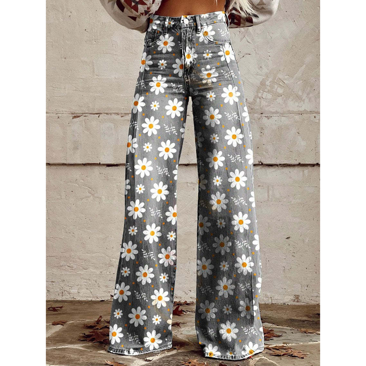 Lange denim broek voor dames – Ritan bloemen- en effen prints