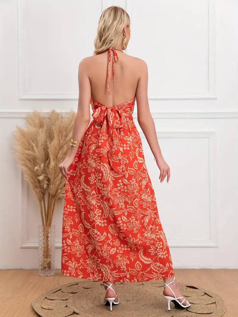 Lange zomerse bloemenjurk met V-hals