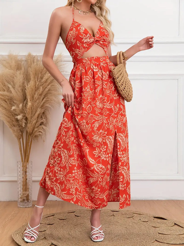 Lange zomerse bloemenjurk met V-hals