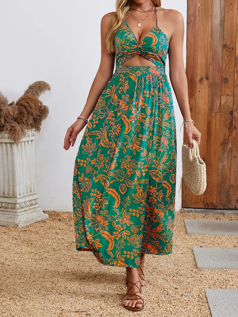 Lange zomerse bloemenjurk met V-hals