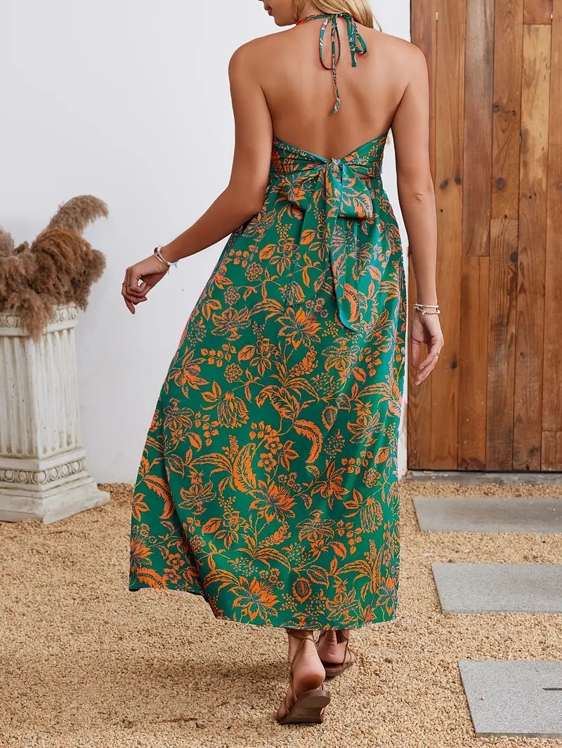 Lange zomerse bloemenjurk met V-hals