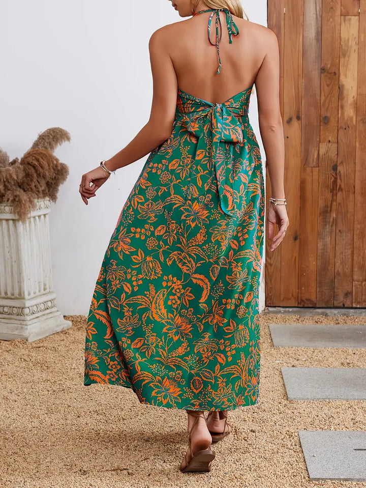 Lange zomerse bloemenjurk met V-hals