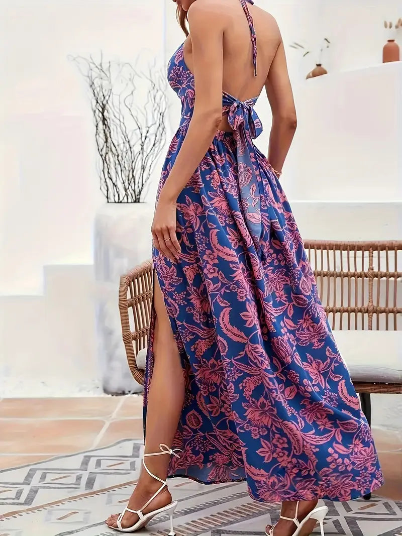Lange zomerse bloemenjurk met V-hals