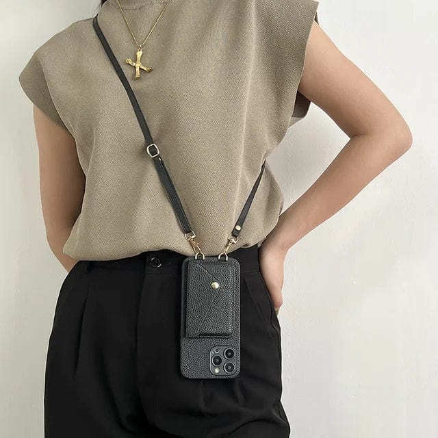 Leren crossbody-telefoonhoesje – met koord en ingebouwde kaarthouder