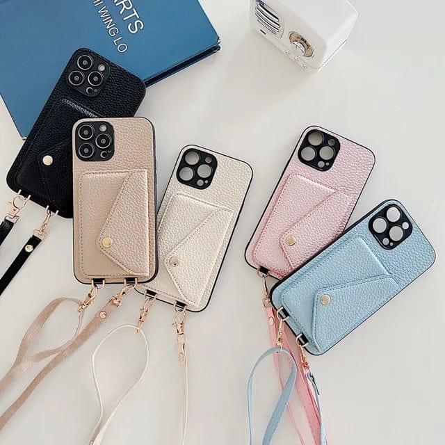 Leren crossbody-telefoonhoesje – met koord en ingebouwde kaarthouder