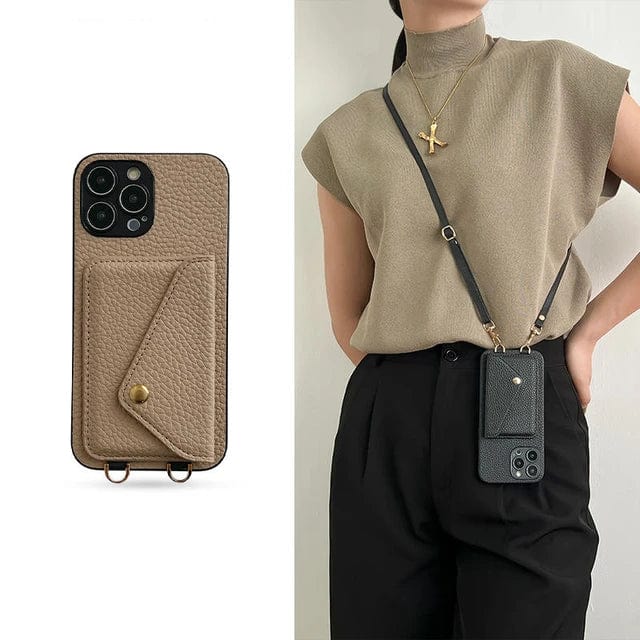 Leren crossbody-telefoonhoesje – met koord en ingebouwde kaarthouder