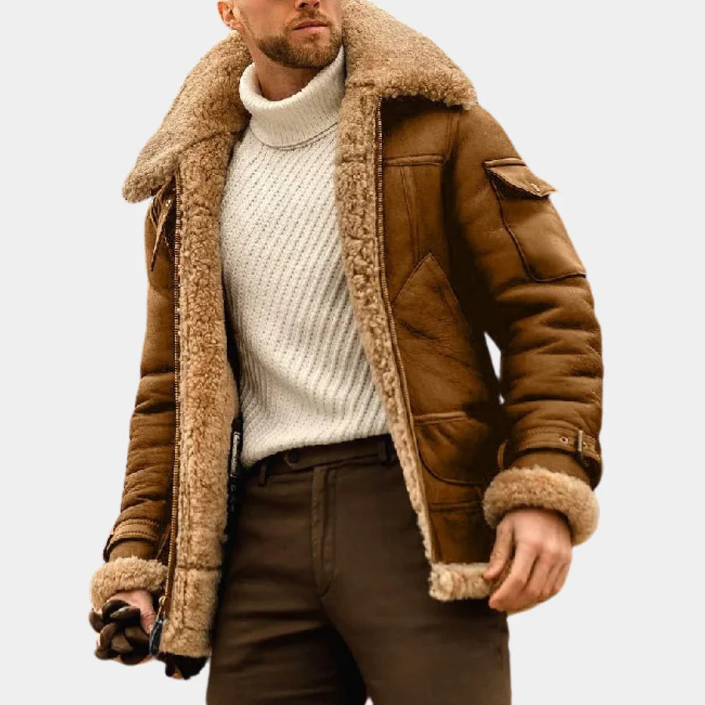 Leren winterjas in stoere pilotenstijl met warmte en comfort