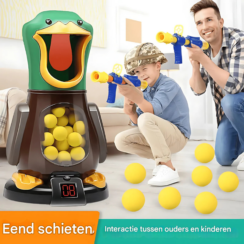 Luchtgedreven softbalspel met wandelende eend en lichtjes