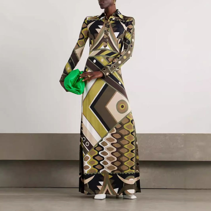 Maxi Jurk met Grafisch Patroon en Kraag