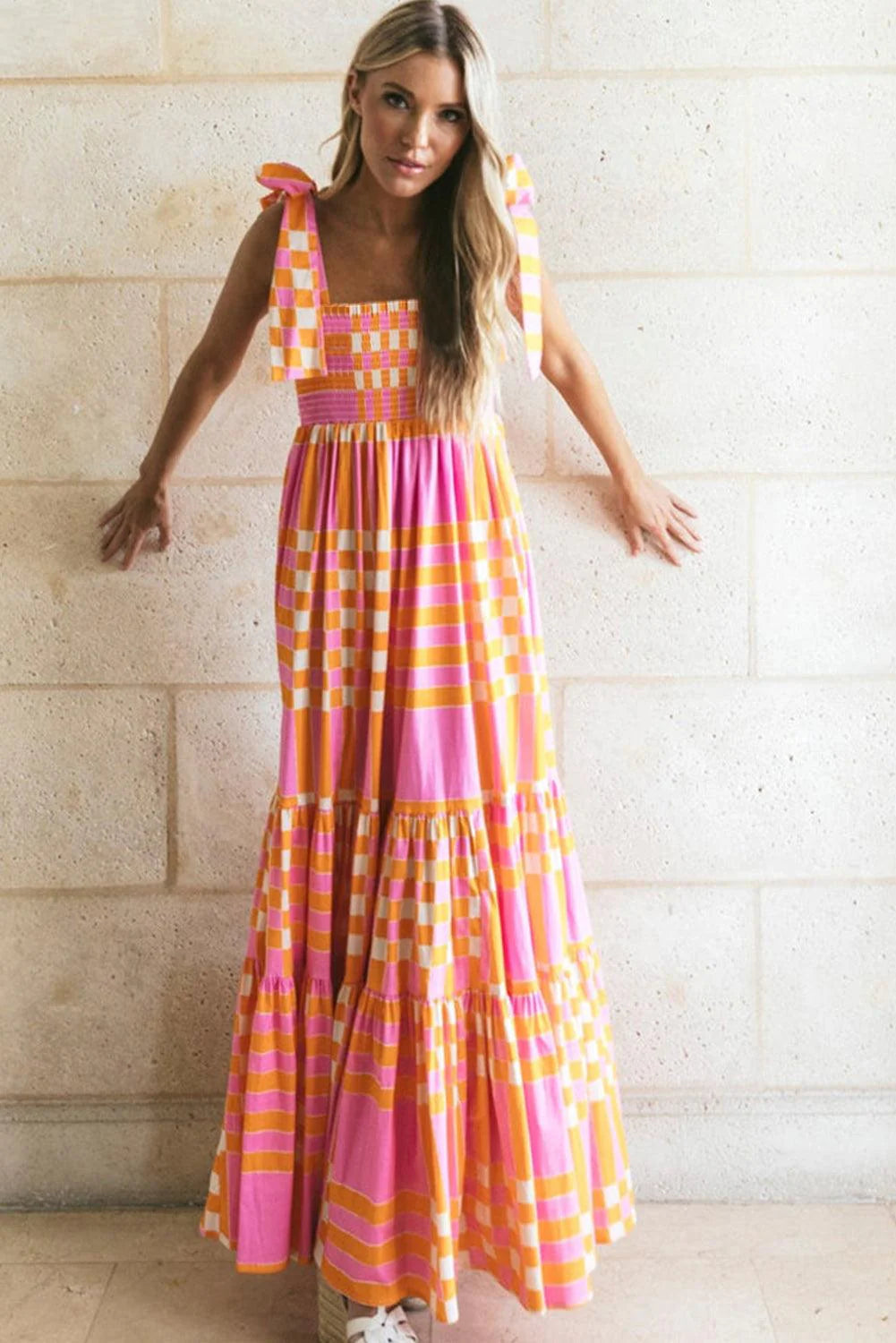 Maxi-jurk met Smock en Strikbandjes
