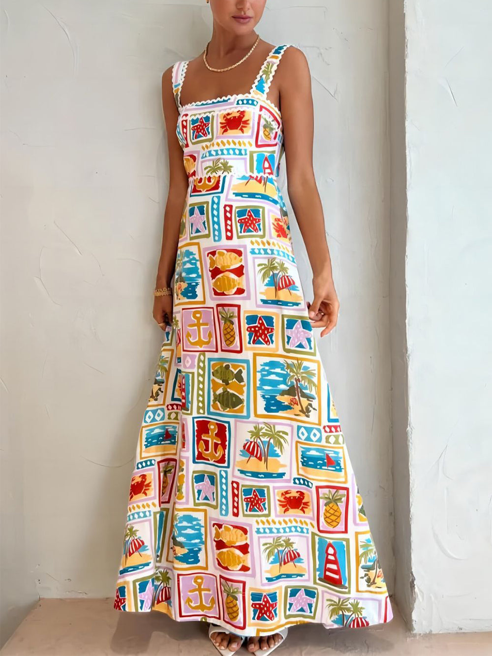 Maxi-jurk met Vierkante Hals en Tropische Print