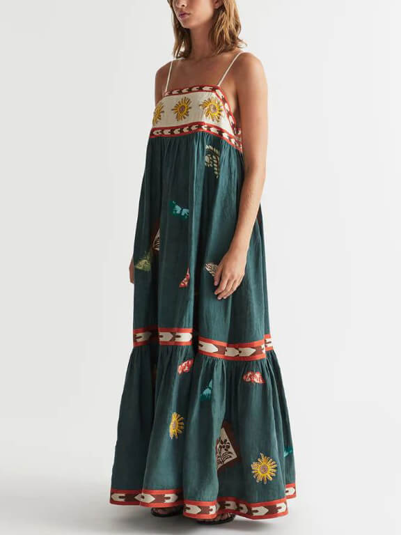Maxi-jurk met bandjes en zonnebloemaccenten