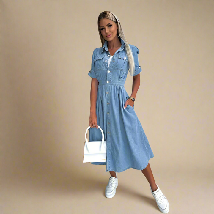 Midi Jurk met Knoopsluiting en Korte Mouwen