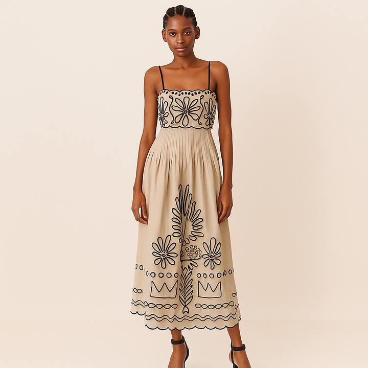 Midi-jurk met Sierlijke Opdruk en Spaghettibandjes
