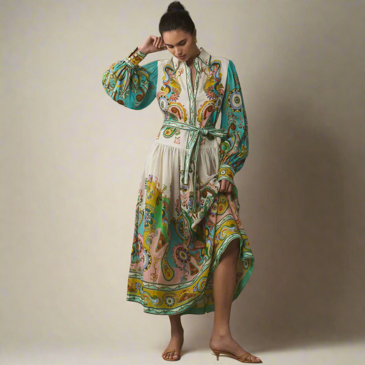 Midi-jurk met paisleyprint en ceintuur