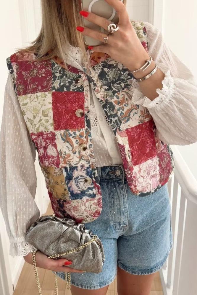 Mouwloos doorgestikt patchwork gilet