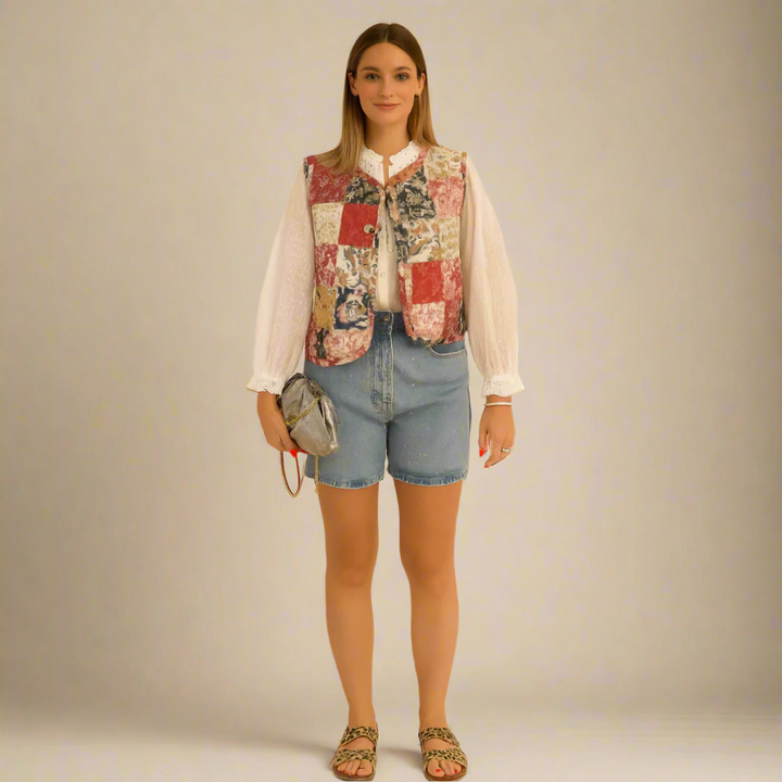 Mouwloos doorgestikt patchwork gilet