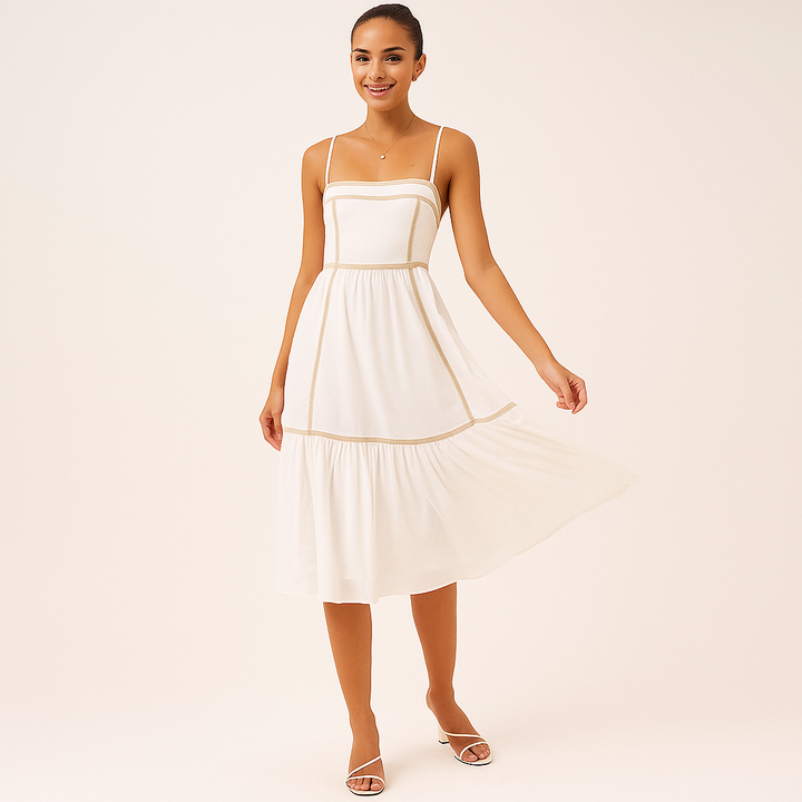 Mouwloze Midi Jurk met Contrastbiezen