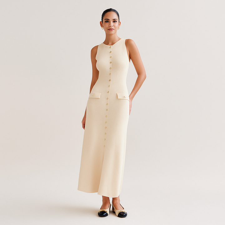 Mouwloze geribde midi-jurk met knopen