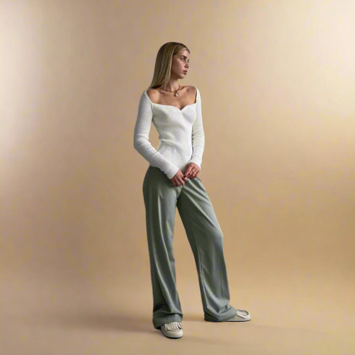 Off-schouder Geribde Lange Mouw Top