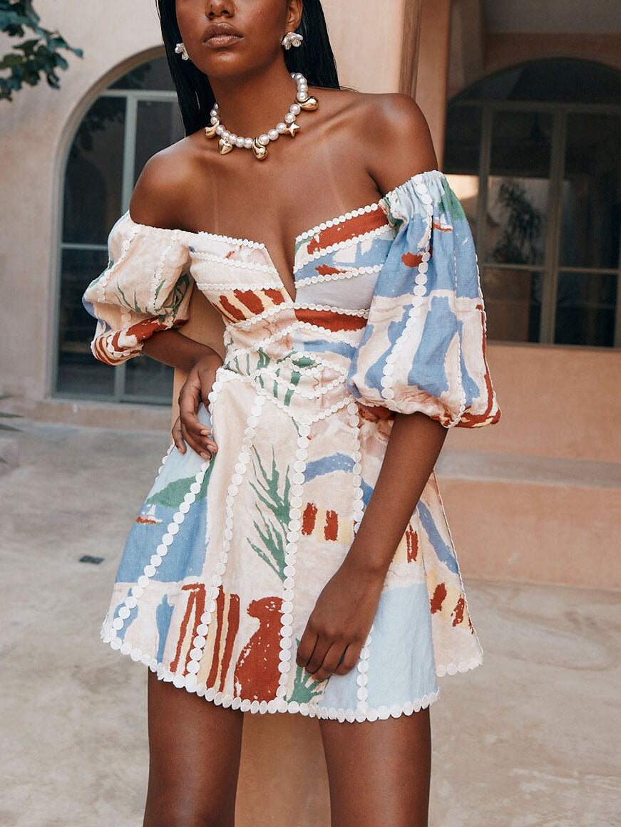 Off-shoulder Minijurk met Pofmouwen