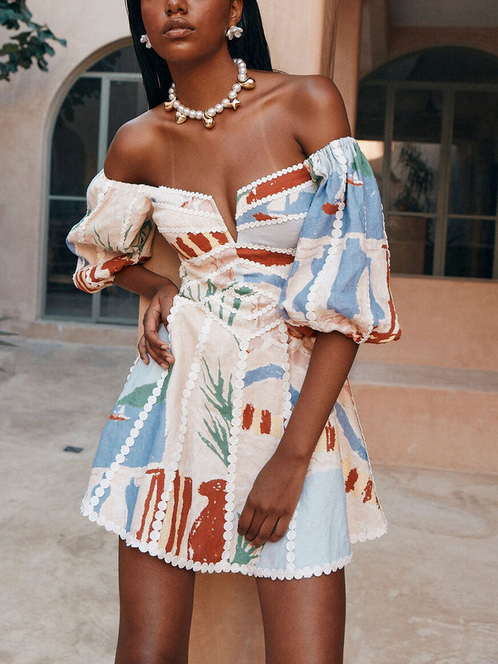 Off-shoulder Minijurk met Pofmouwen